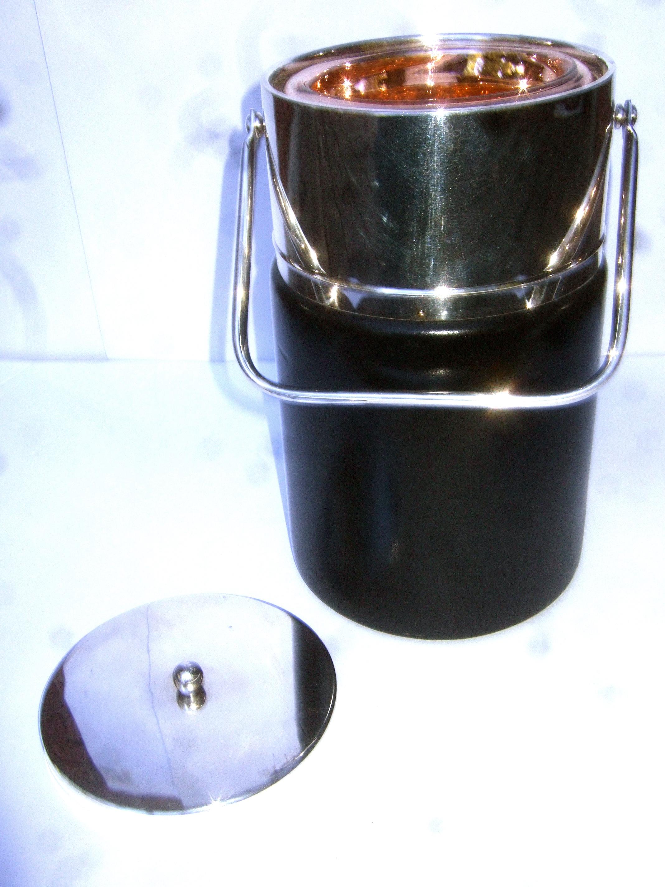 Gucci Italy Sleek Chrome Black Leather Ice Bucket c 1970s For Sale 2
