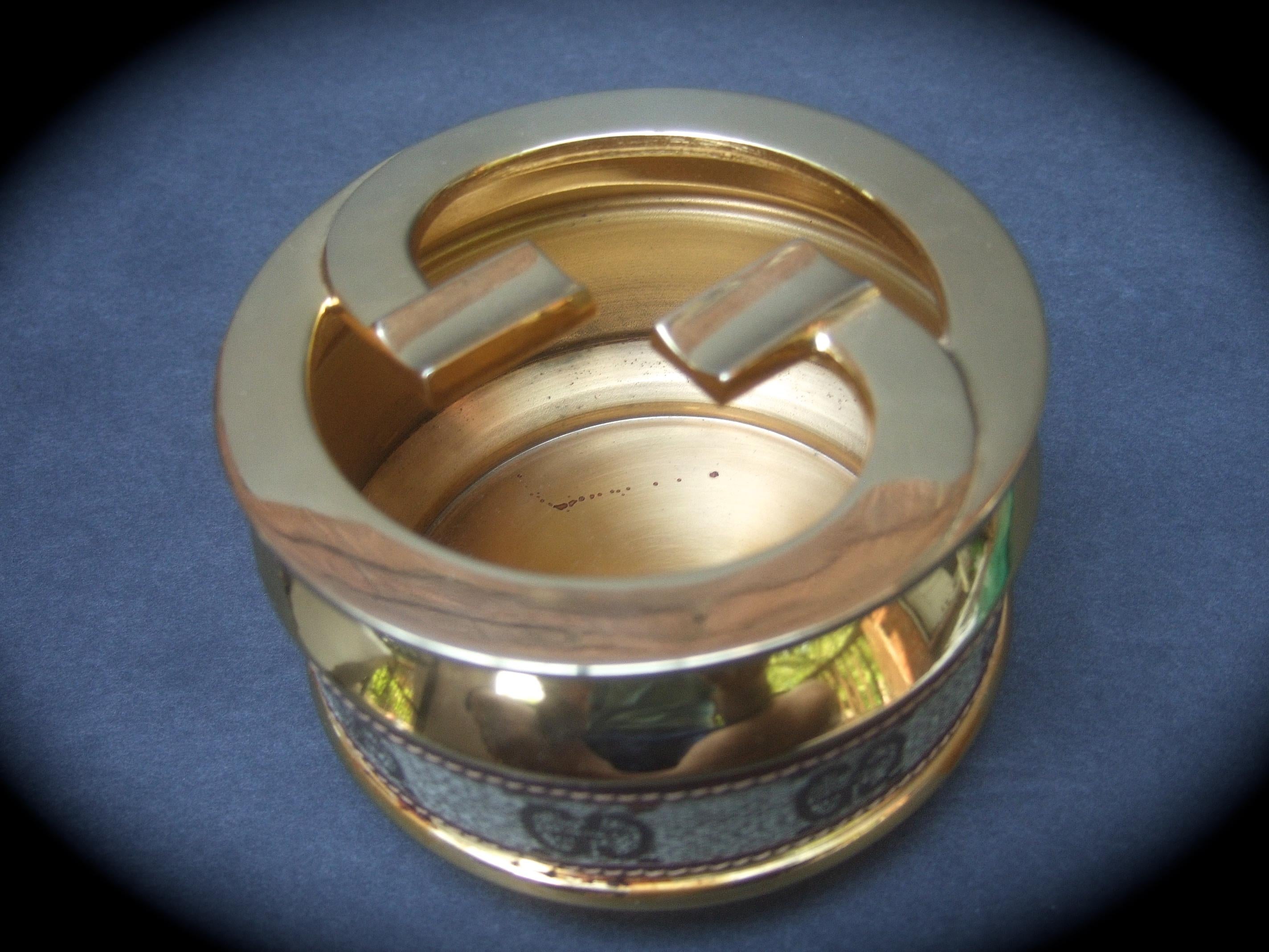 Gucci Italy Sleek Rare Gilt Metal G.G. Initial Coated Canvas Ashtray c 1970s  2