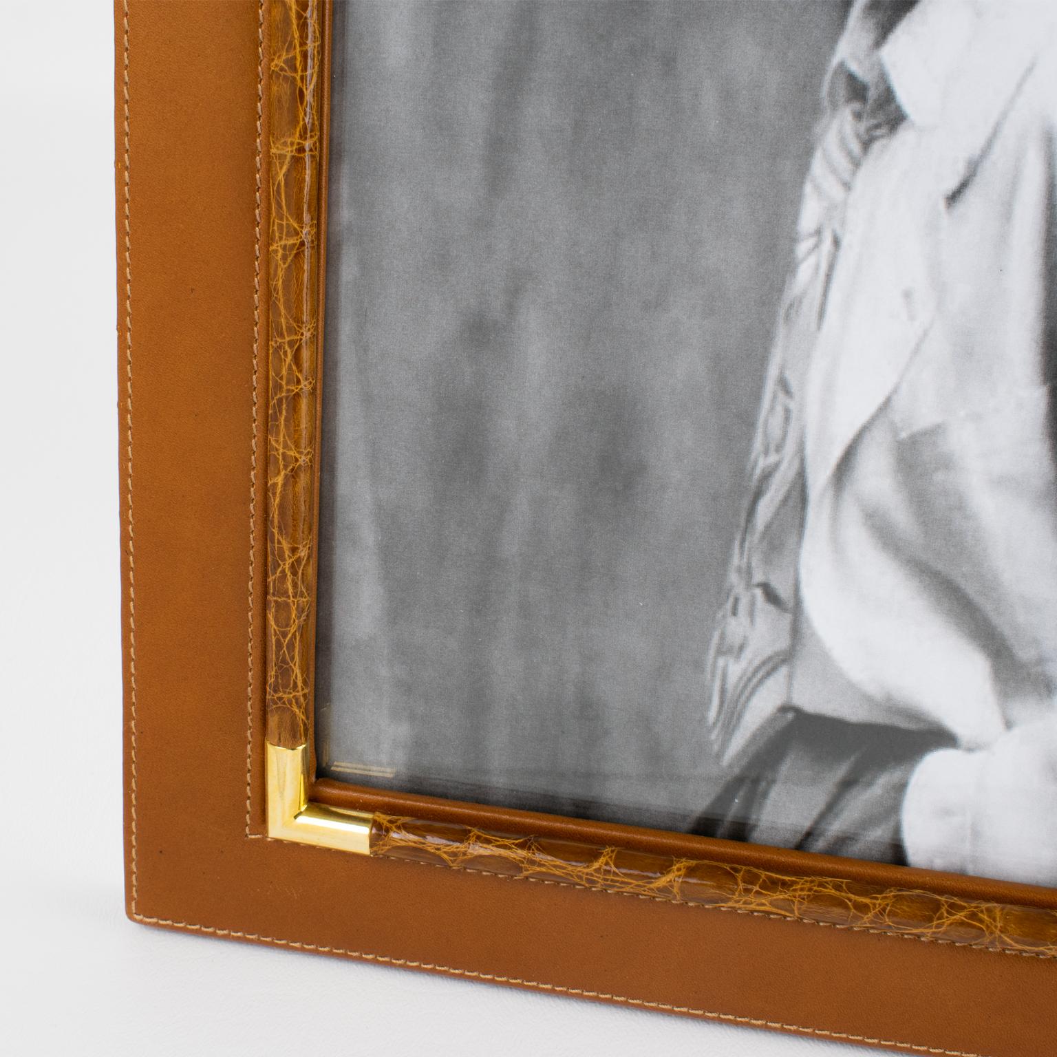 Gucci Italy Spice Brown Leather and Crocodile Skin Picture Frame, circa 1980 For Sale 3