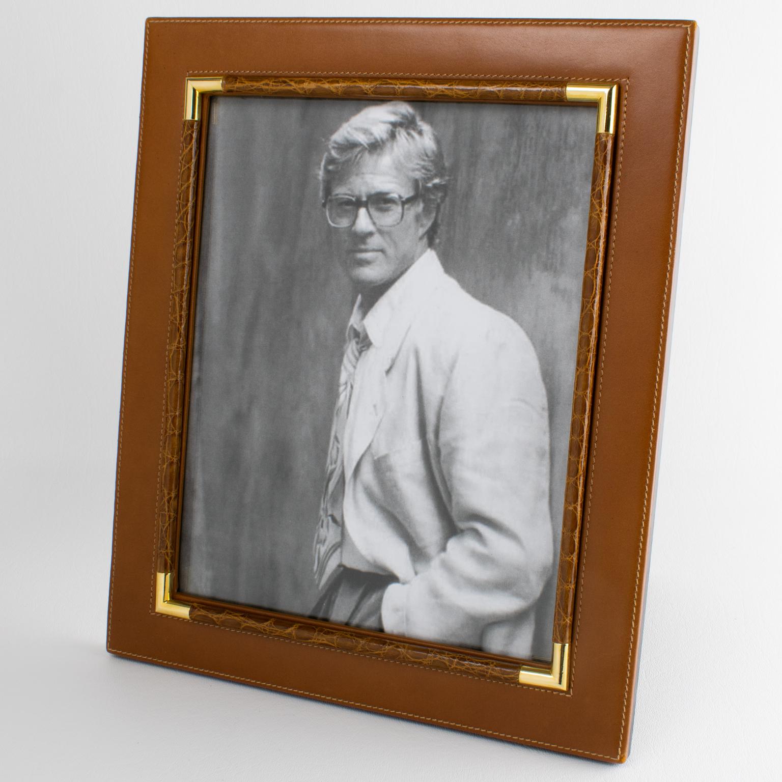 Modern Gucci Italy Spice Brown Leather and Crocodile Skin Picture Frame, circa 1980 For Sale