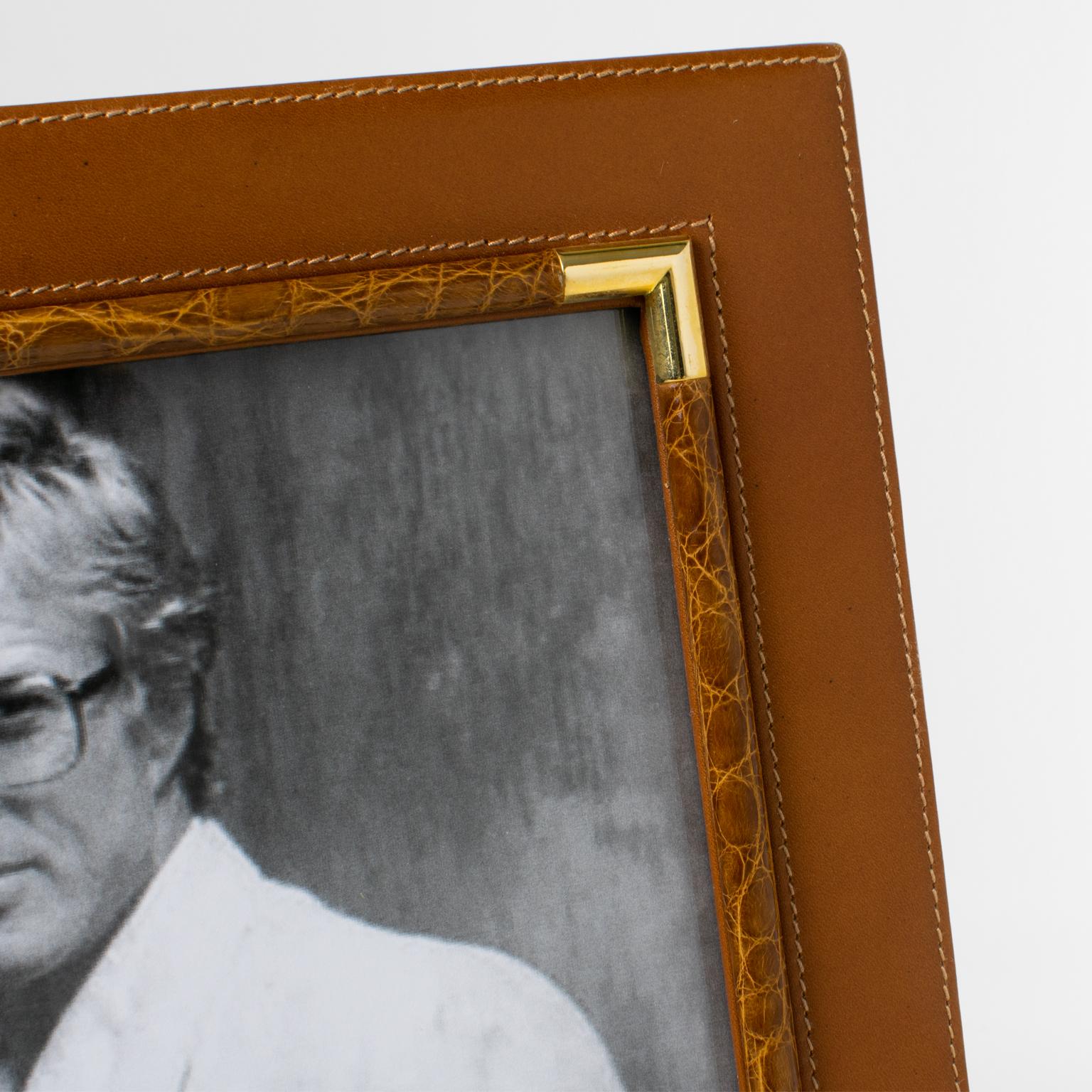 Brass Gucci Italy Spice Brown Leather and Crocodile Skin Picture Frame, circa 1980 For Sale