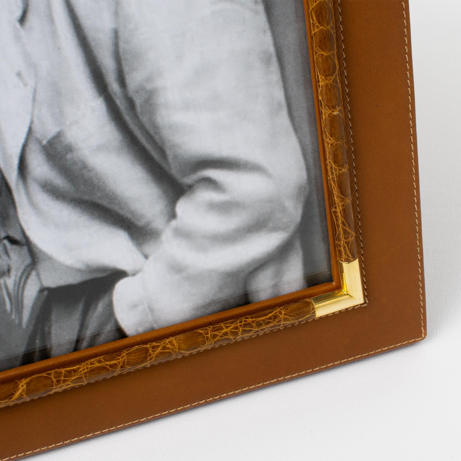 Gucci Italy Spice Brown Leather and Crocodile Skin Picture Frame, circa 1980 For Sale 1