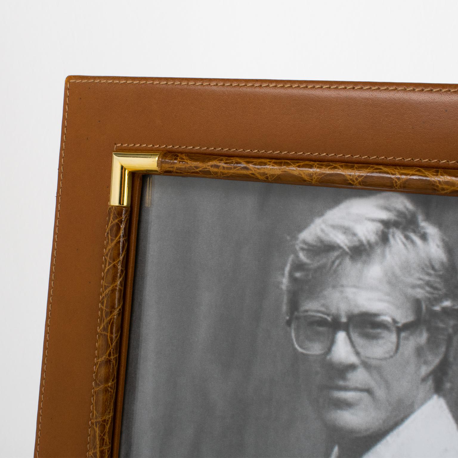 Gucci Italy Spice Brown Leather and Crocodile Skin Picture Frame, circa 1980 For Sale 2