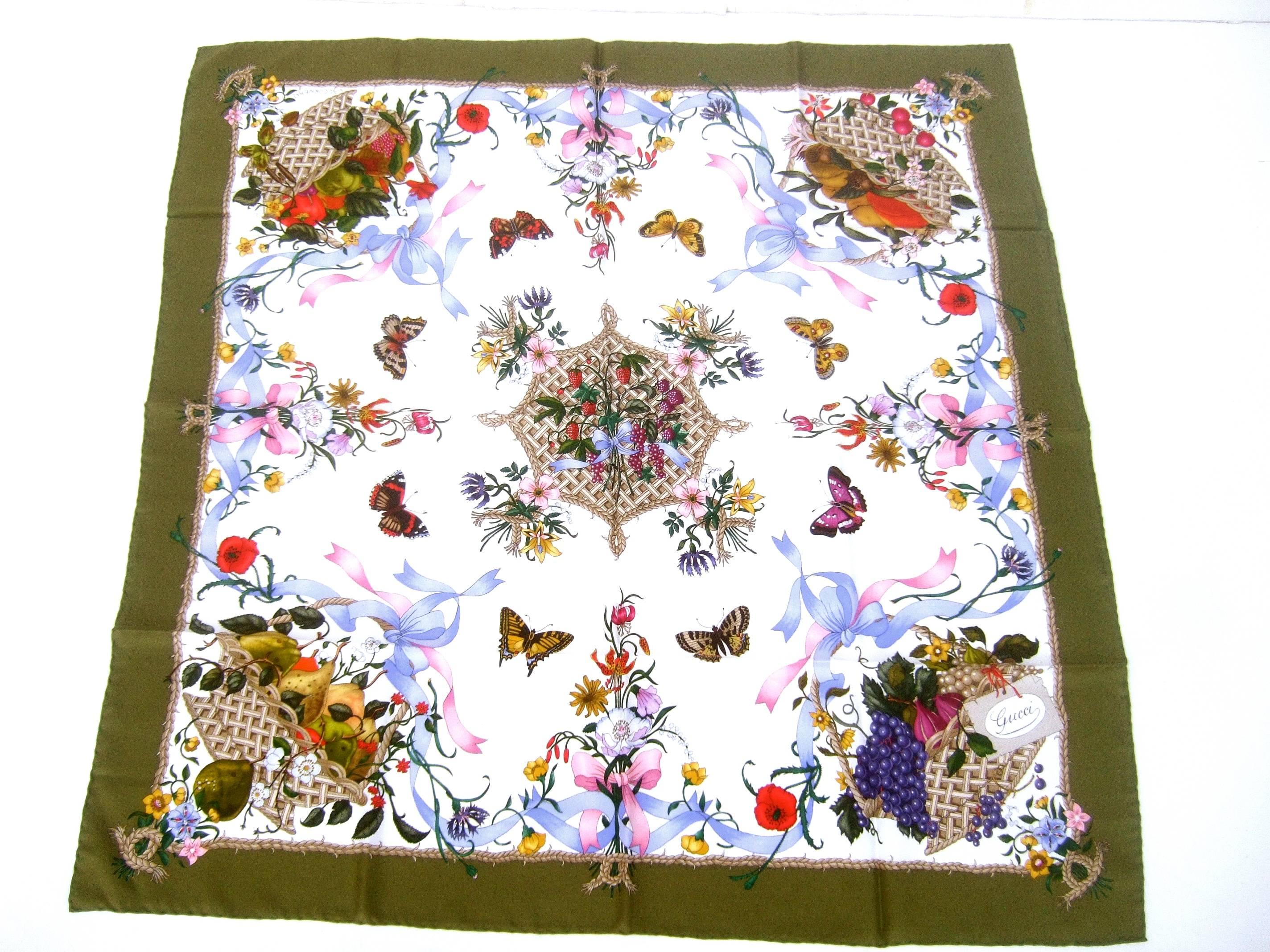 Gucci Italy Spring Floral and Butterfly Hand Rolled Silk Scarf, circa 1970s  1
