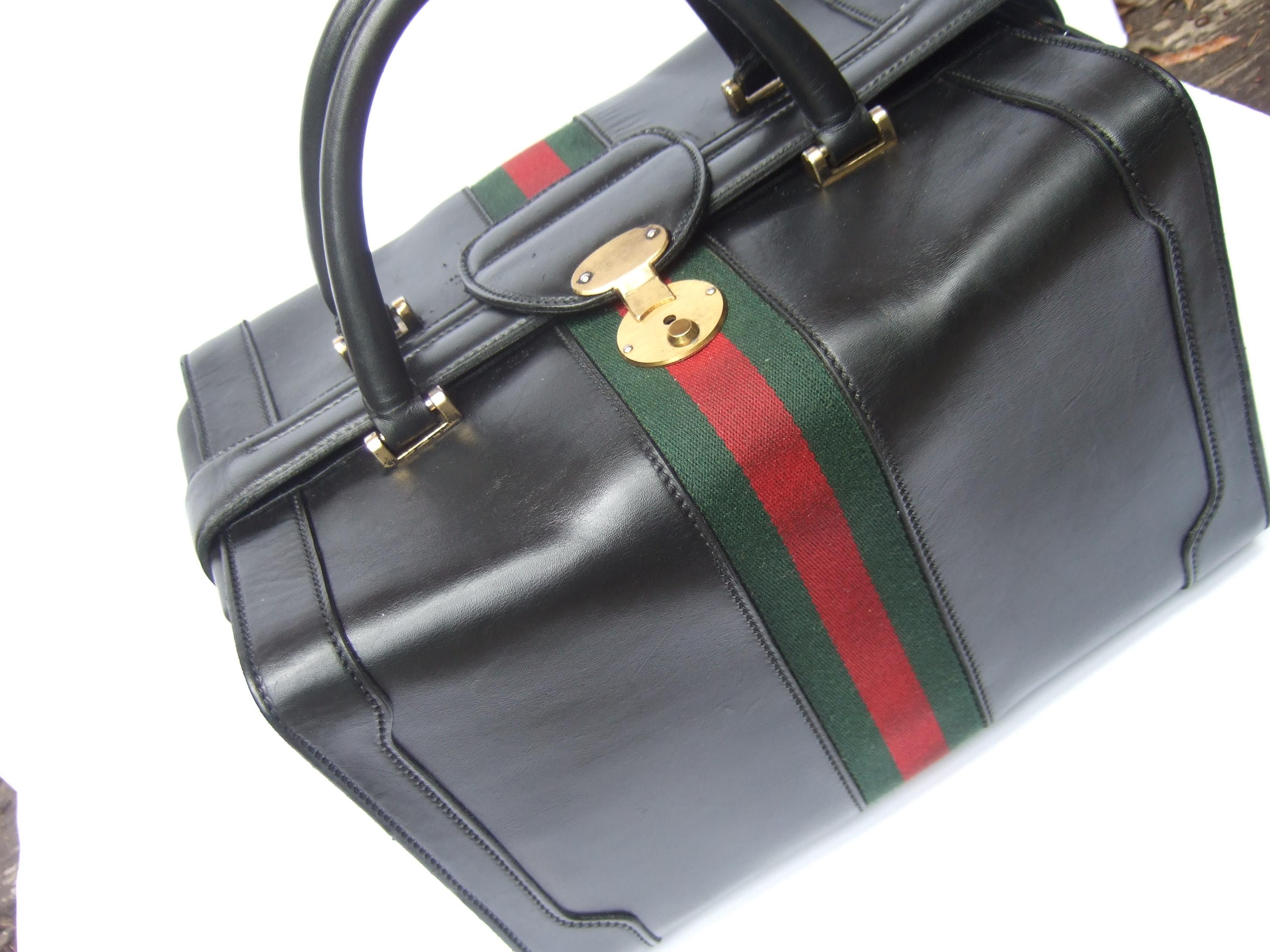 Gucci Italy Structured Black Leather Red & Green Striped Train Case c 1970s 6