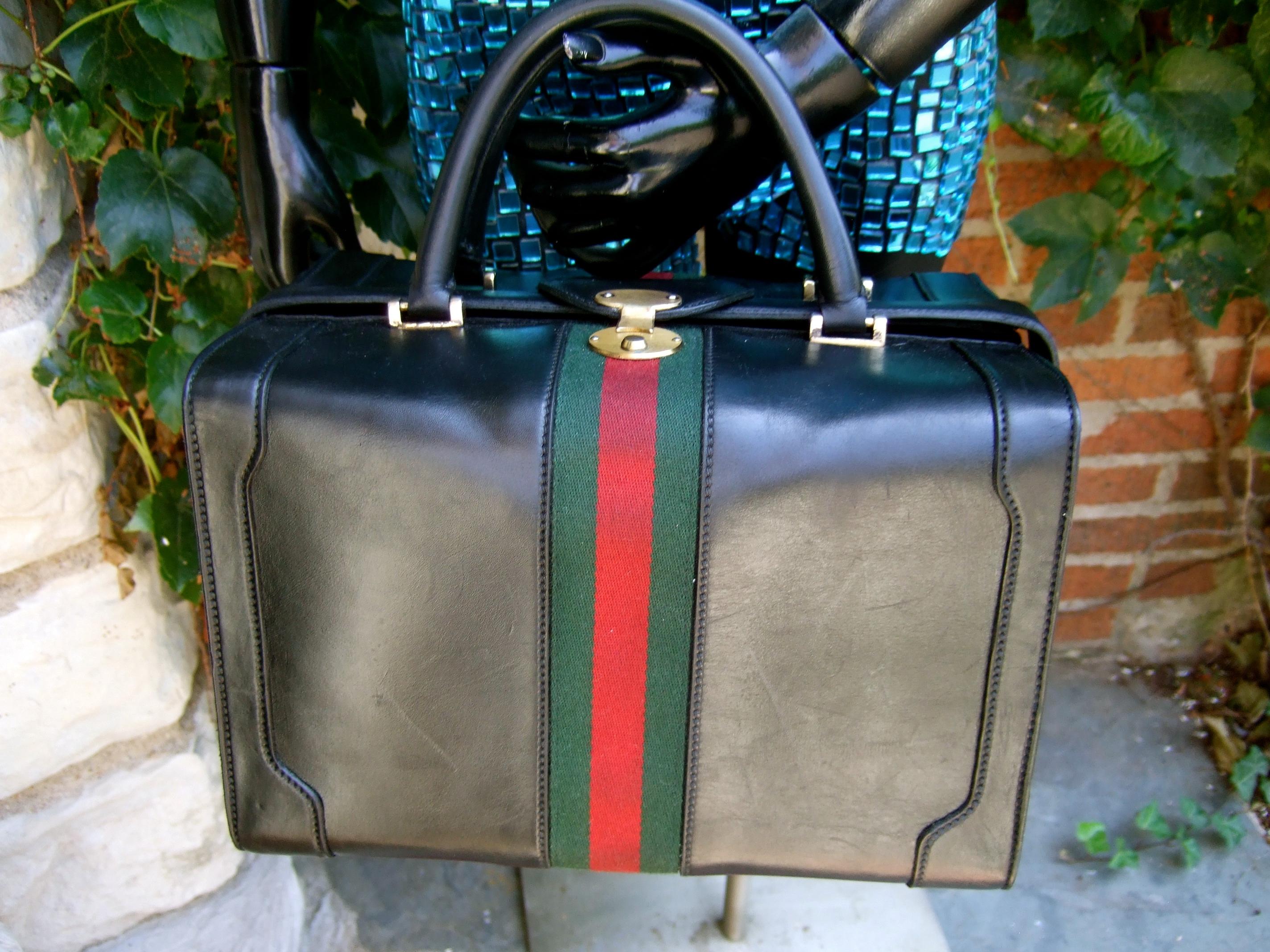 Gucci Italy Structured Black Leather Red & Green Striped Train Case c 1970s 10
