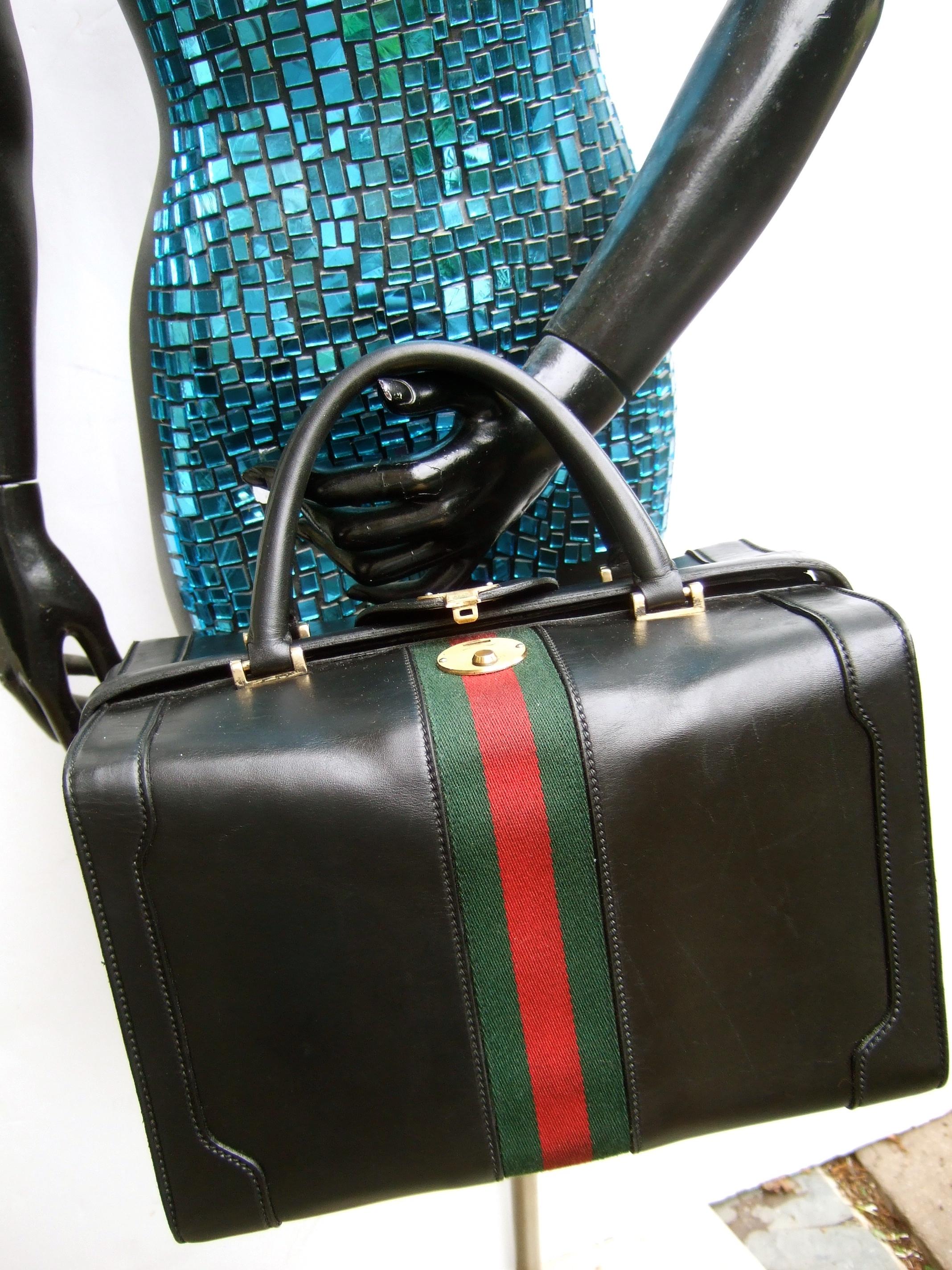 Gucci Italy Structured Black Leather Red & Green Striped Train Case c 1970s 12