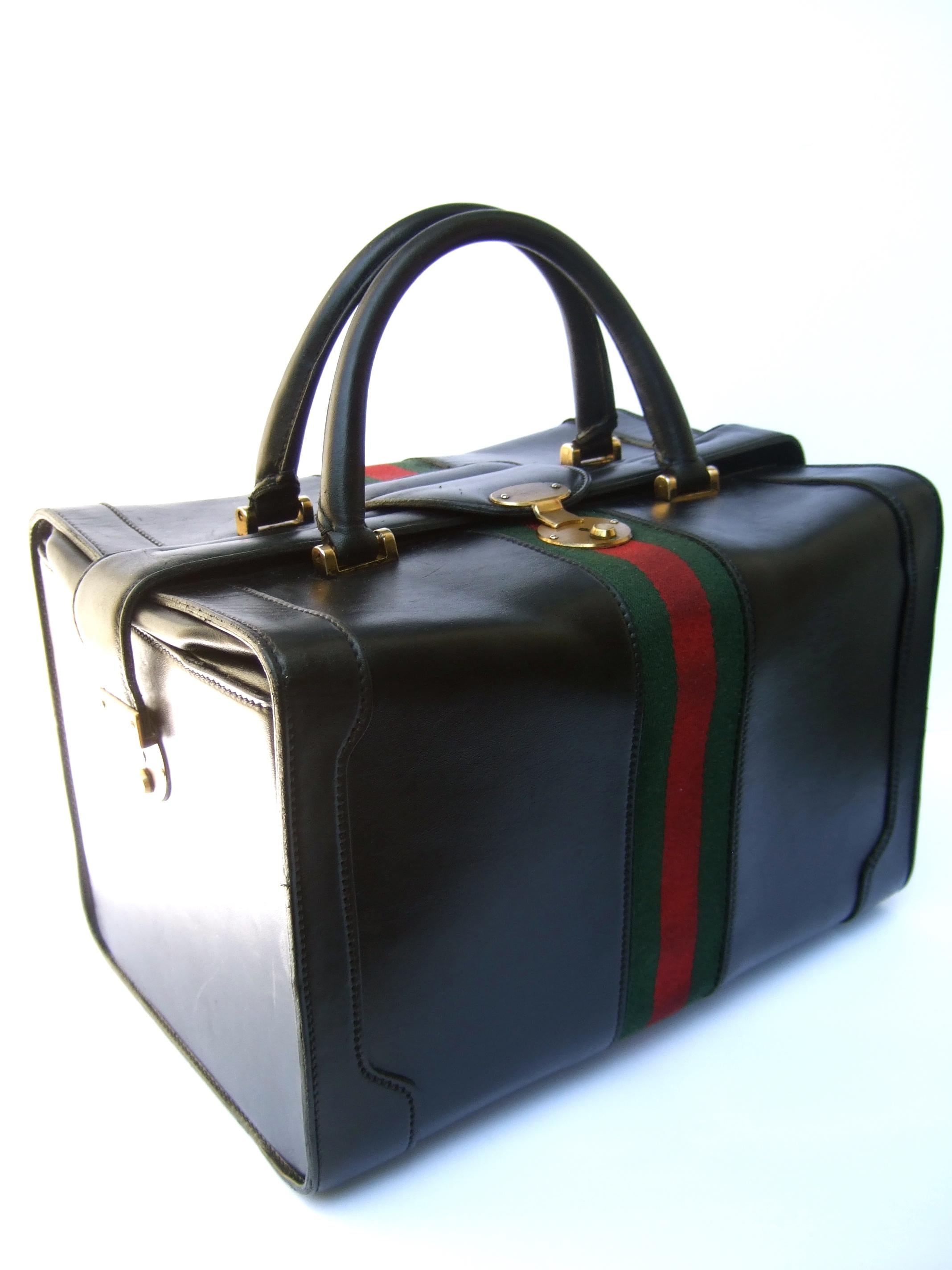 Gucci Italy Structured Black Leather Red & Green Striped Train Case c 1970s 3