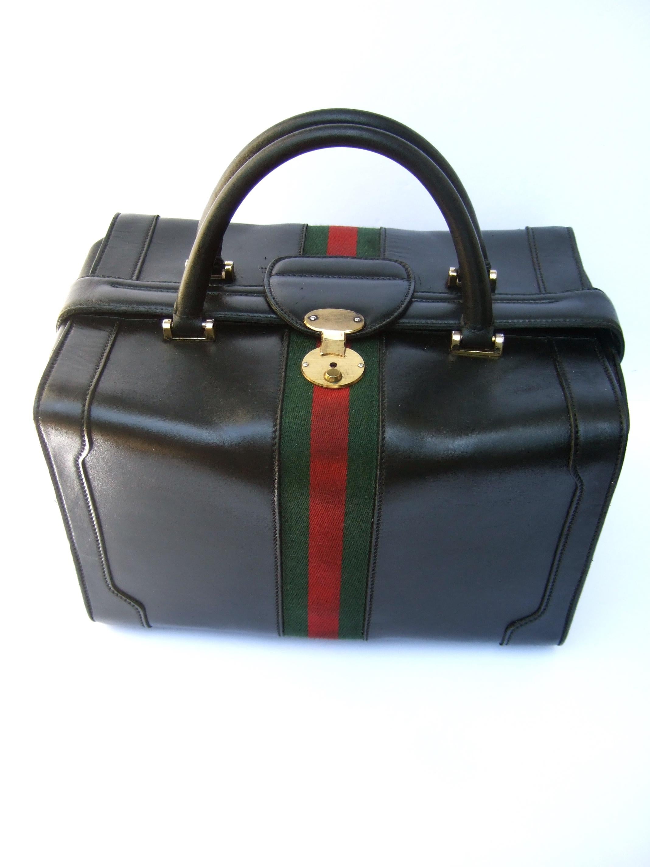 Gucci Italy Structured Black Leather Red & Green Striped Train Case c 1970s 4