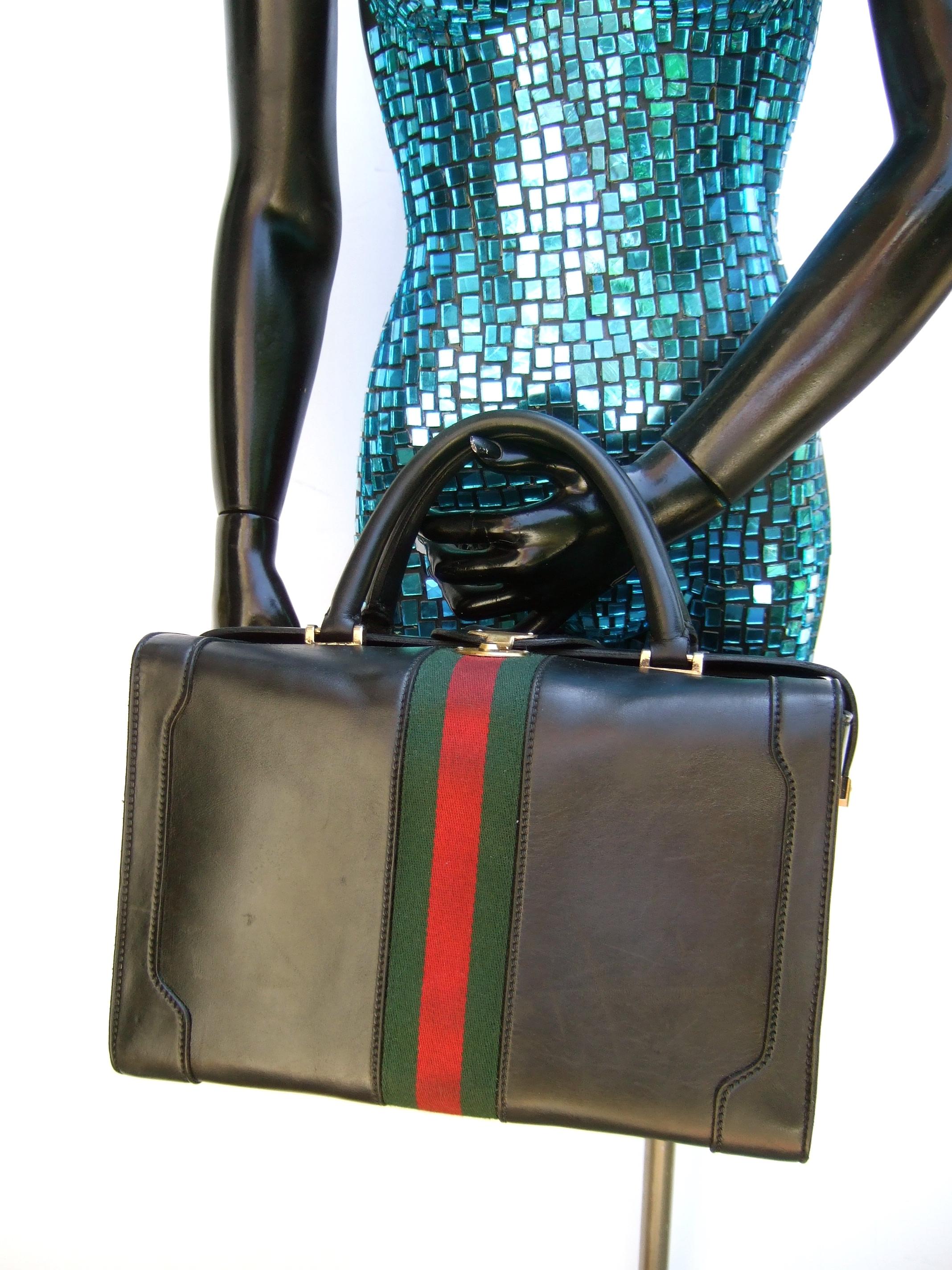 Gucci Italy Structured Black Leather Red & Green Striped Train Case c 1970s 5