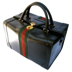 Gucci Italy Structured Black Leather Red & Green Striped Train Case c 1970s