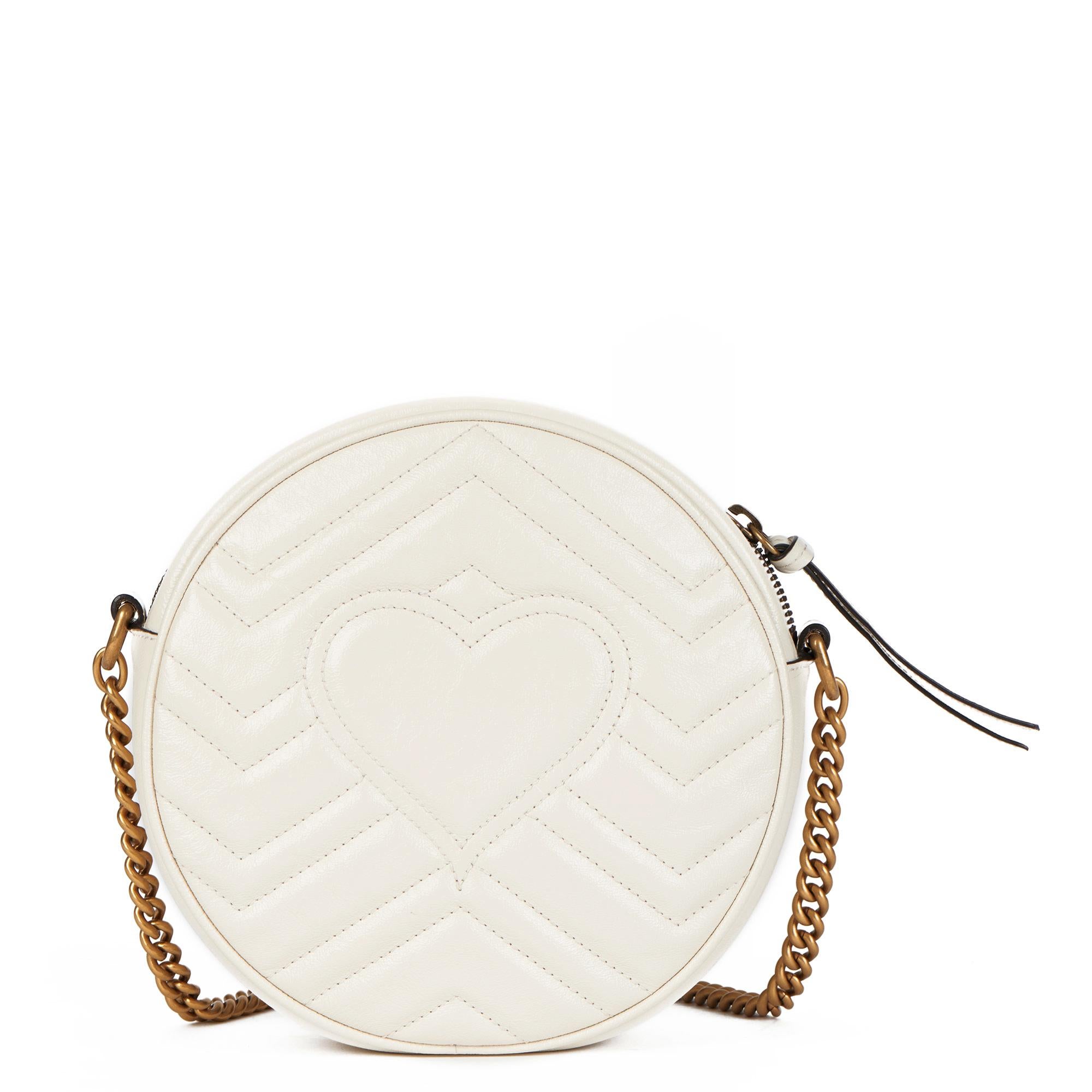 Gucci Ivory Chevron Quilted Shiny Calfskin Leather Mini Round Marmont 1