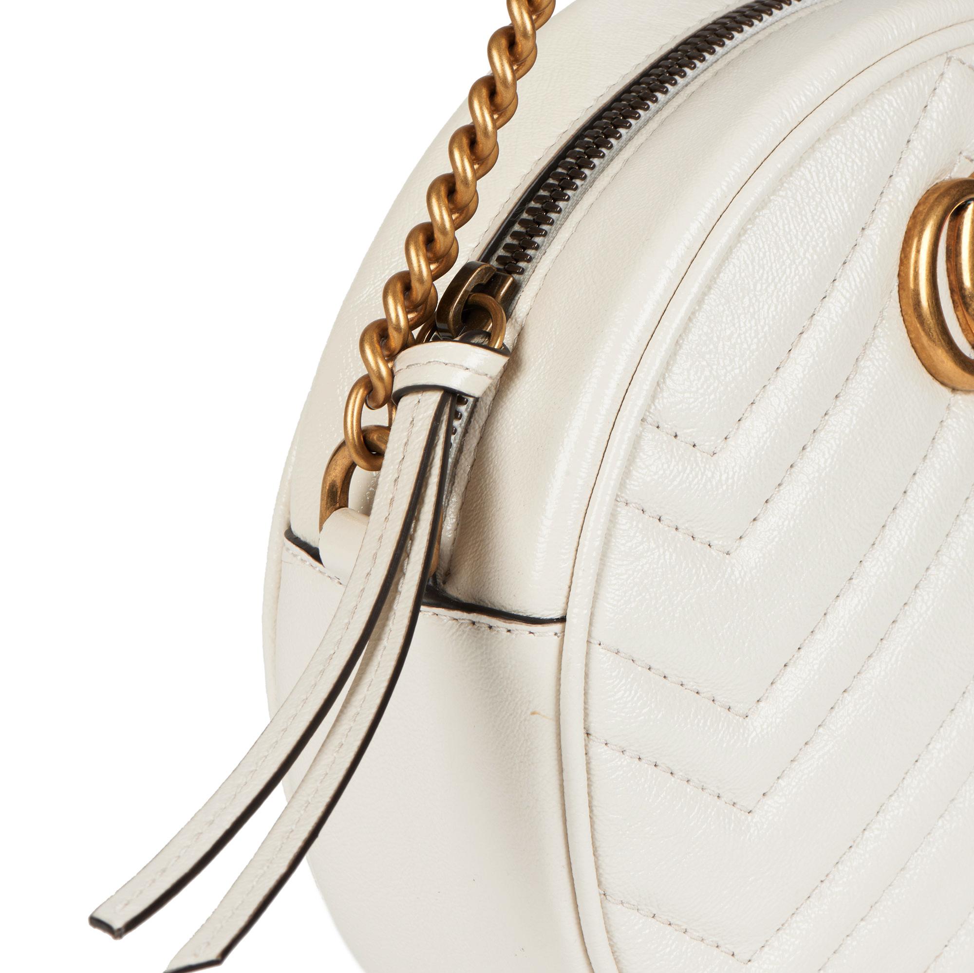 Gucci Ivory Chevron Quilted Shiny Calfskin Leather Mini Round Marmont 3