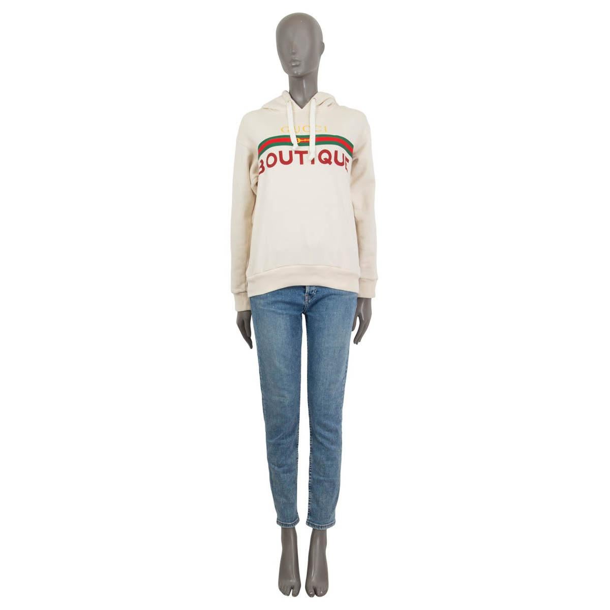 100% authentic Gucci hooded 'Boutique' sweater in cream cotton, red, green and yellow cotton (100%). Spring/summer 2020. Features long sleeves and an oversized fit. Unlined. Has been worn once and is in virtually new condition.

Measurements
Tag