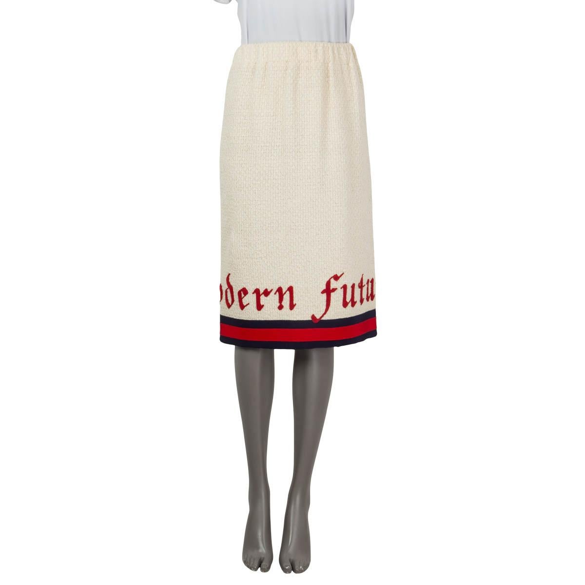 100% authentic Gucci 'Modern Future' skirt in ivory bouclé cotton (88%) and polyamide (12%) with signature web stripe in red and navy cotton (50%) and viscose (50%). Has never been worn. Brand new. 

Spring/summer 2017

Measurements
Tag Size 40
Size