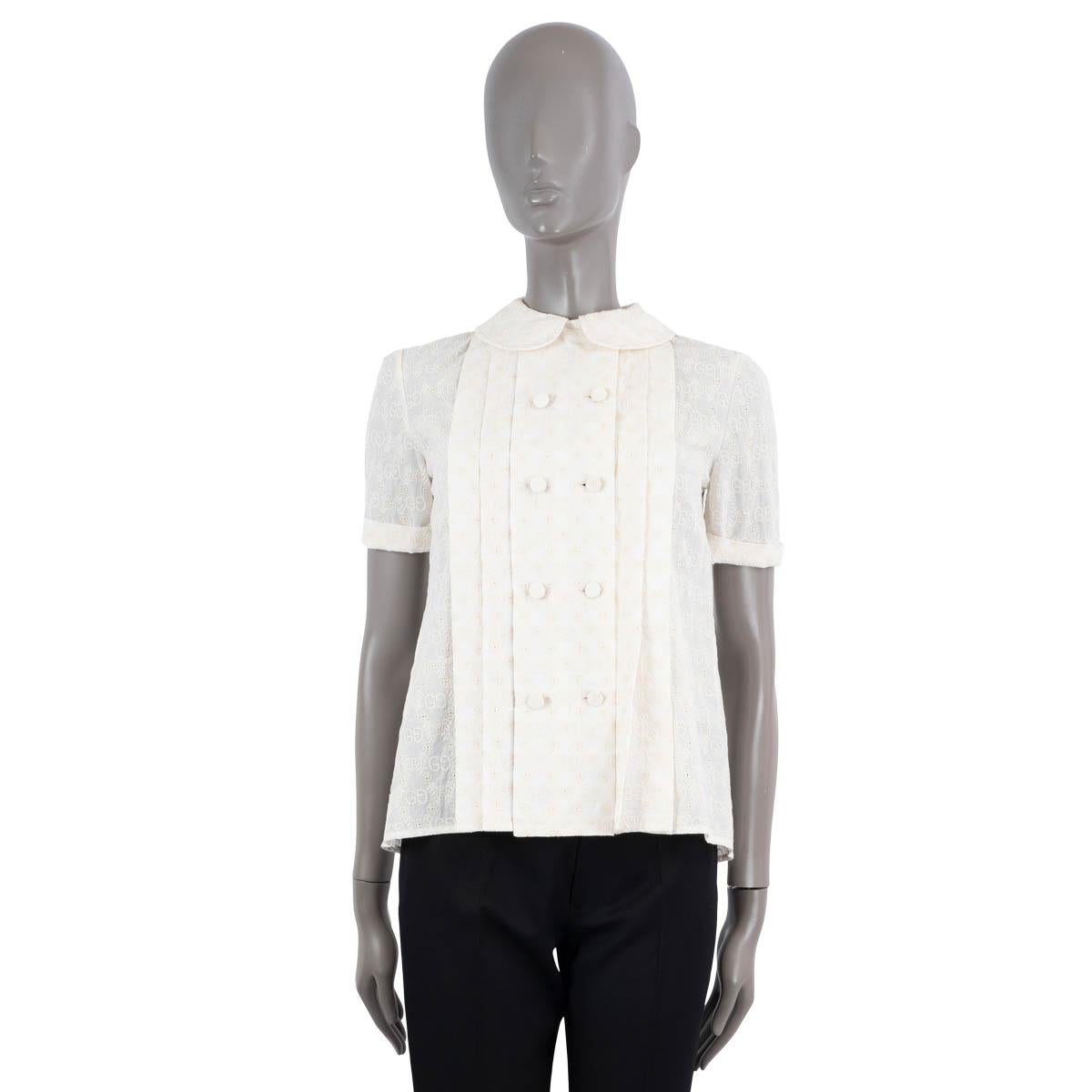 Gray GUCCI ivory cotton GG SUPREME EMBROIDERED PLEATED Blouse Shirt 36 XS For Sale