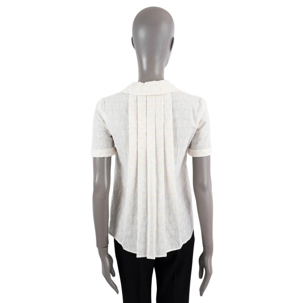 GUCCI Elfenbein Baumwolle GG SUPREME EMBROIDERED PLEATED Bluse Shirt 36 XS Damen im Angebot
