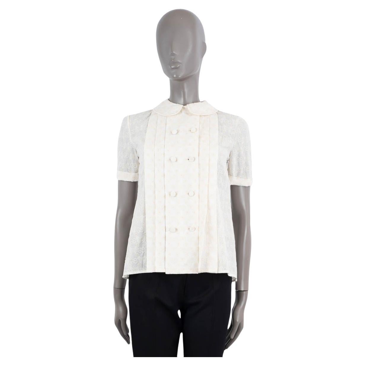 GUCCI ivory cotton GG SUPREME EMBROIDERED PLEATED Blouse Shirt 36 XS For Sale