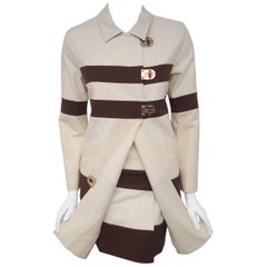 Gucci Ivory Cotton Long Jacket with Brown Wide Stripes Skirt Ensemble 42 EU