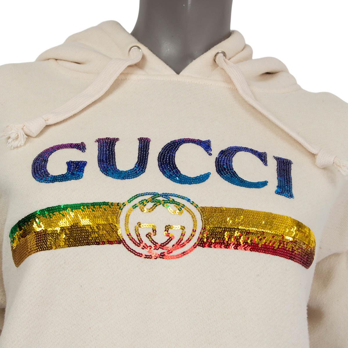 GUCCI ivory cotton SEQUIN EMBELLISHED Hoodie Sweatshirt Sweater S In Good Condition For Sale In Zürich, CH