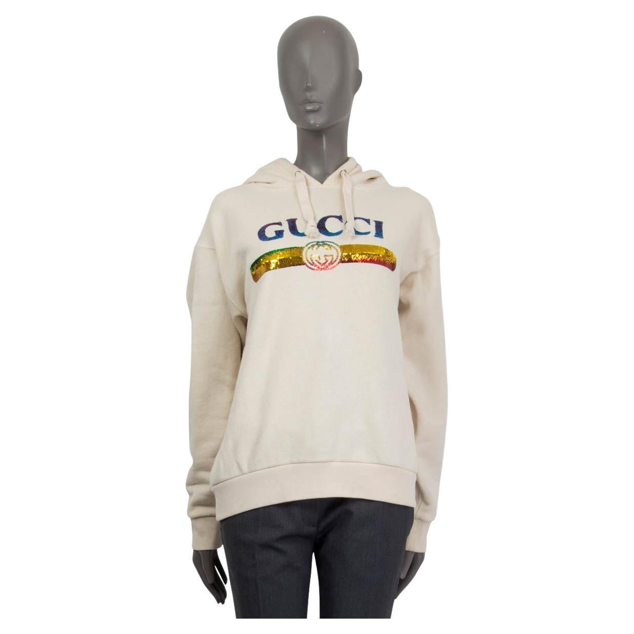 GUCCI ivory cotton SEQUIN EMBELLISHED Hoodie Sweatshirt Sweater S For Sale