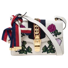 Gucci Ivory Floral Embroidered Leather Small Web Chain Sylvie Shoulder Bag
