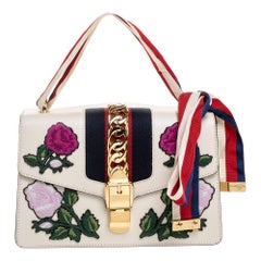 Gucci Ivory Floral Embroidered Leather Small Web Chain Sylvie Shoulder Bag