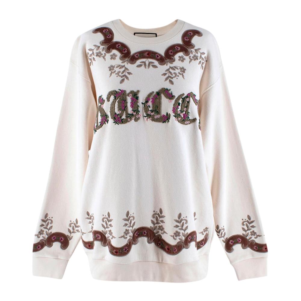 Gucci Ivory Floral Embroidered Oversized Jumper - Size M For Sale