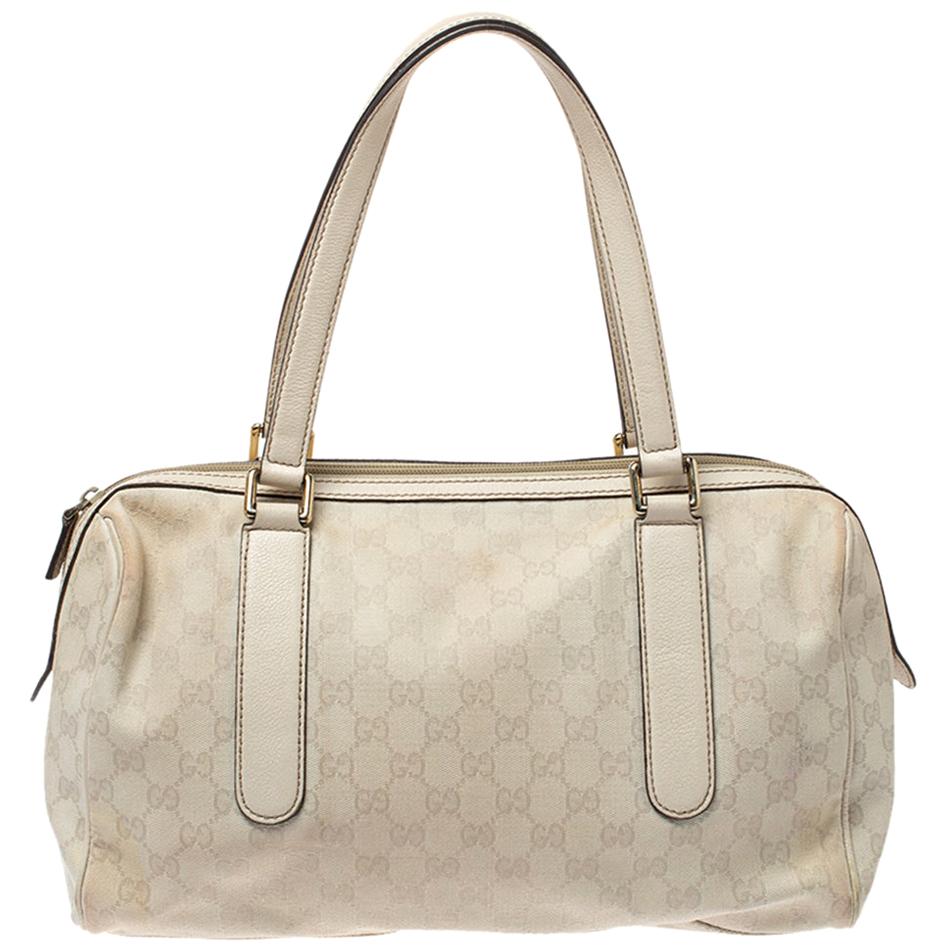 Gucci Ivory GG Canvas and Leather Boston Bag For Sale at 1stDibs