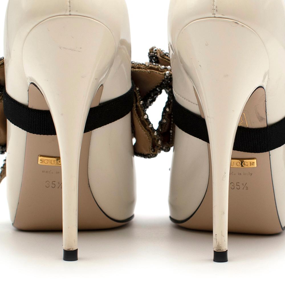 Beige Gucci Ivory Glossed Pumps with Crystal Bow Embellishment 35.5