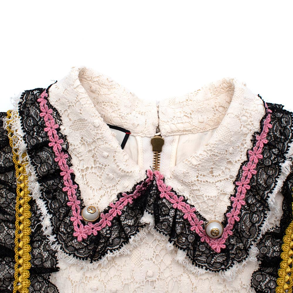 Women's Gucci Ivory Lace Sleeveless Shift Shirt Dress with Lace Ruffled Trim - Size US 4