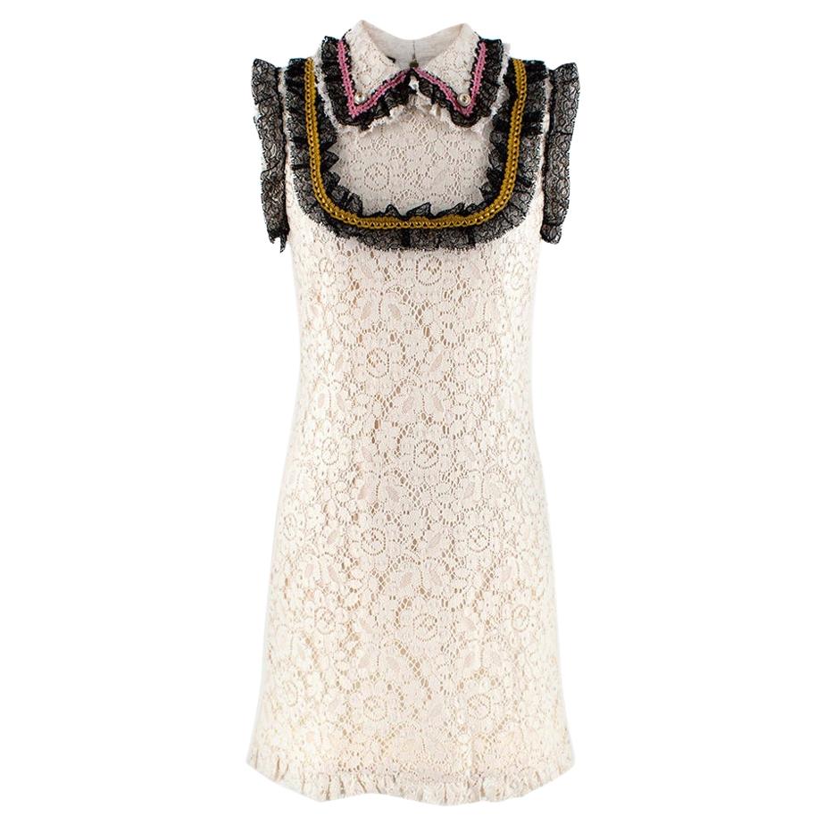 Gucci Ivory Lace Sleeveless Shift Shirt Dress with Lace Ruffled Trim - Size US 4