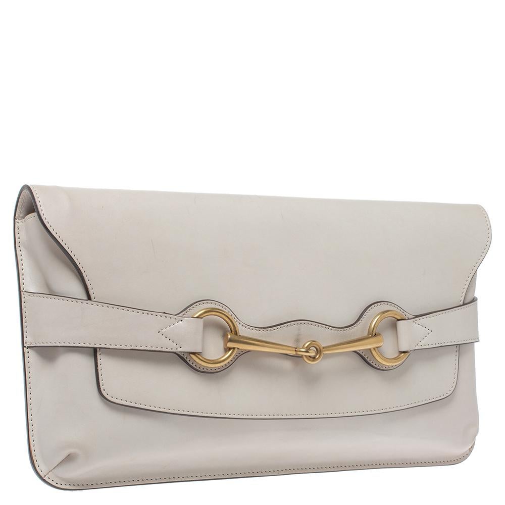 Beige Gucci Ivory Leather Bright Bit Oversized Clutch