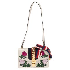 Gucci Ivory Leather Floral Embroidered Small Web Chain Sylvie Shoulder Bag
