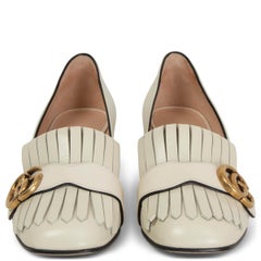 GUCCI ivory leather GG MARMONT FRINGE BLOCK HEEL Pumps Shoes 36