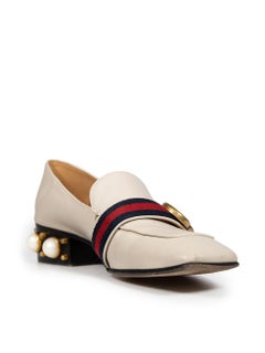 Gucci Ivory Leather Petyon Pearl Stud Heel Loafers Size IT 37.5