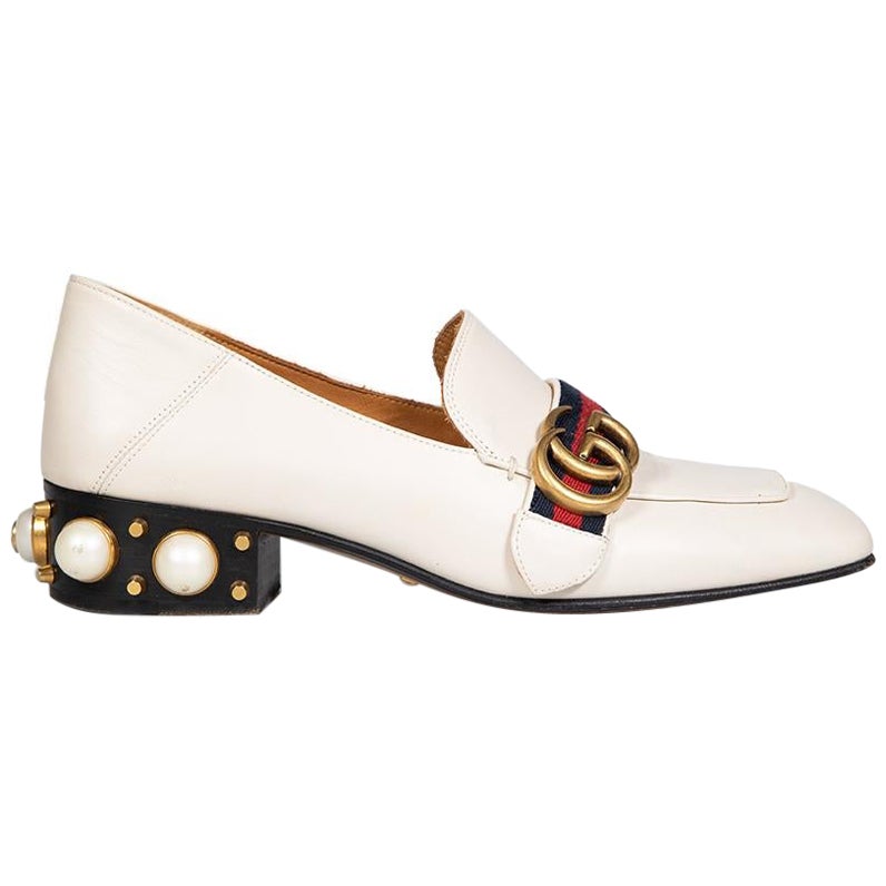 Gucci Ivory Leather Petyon Pearl Stud Heel Loafers Size IT 37.5