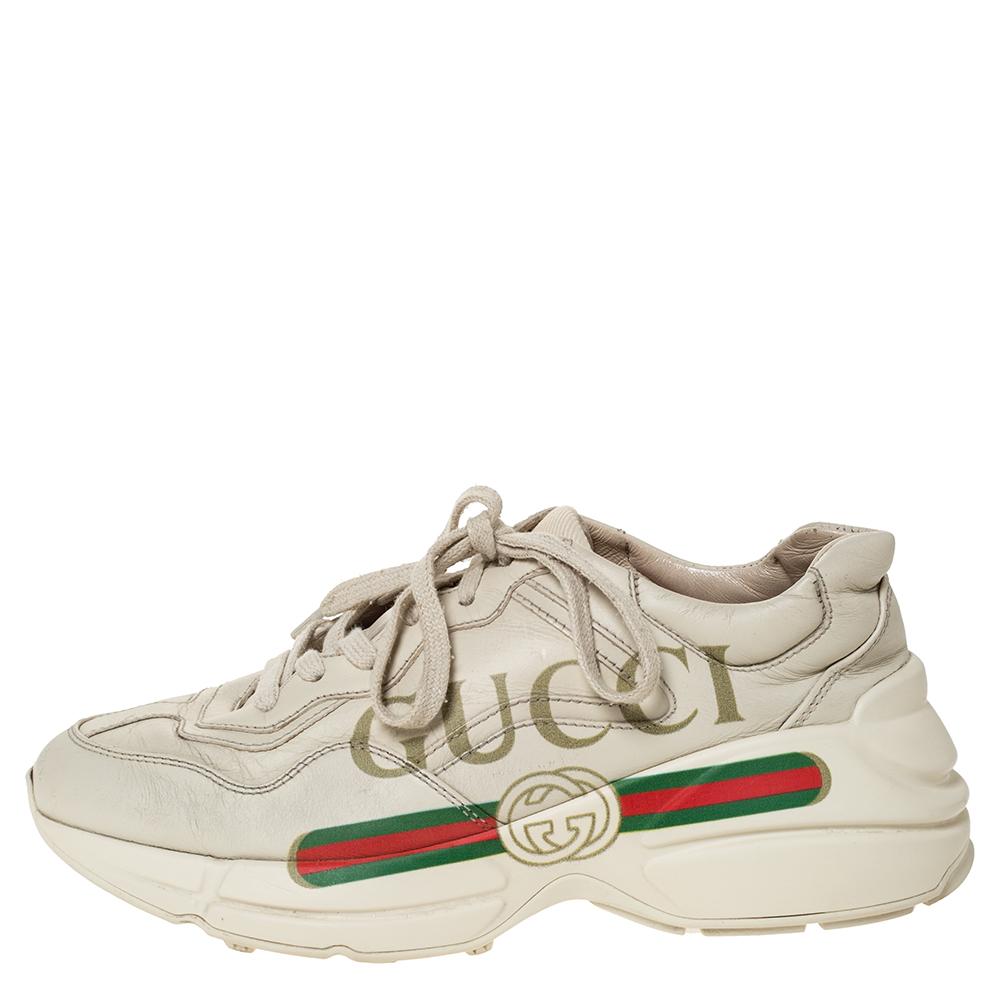 Beige Gucci Ivory Leather Rhyton Vintage Logo Platform Sneakers Size 36