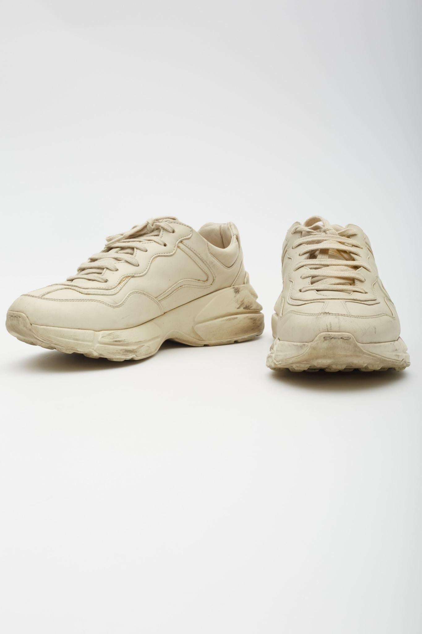 Beige Gucci Ivory Leather Rhyton Web Sneakers (US 9) For Sale