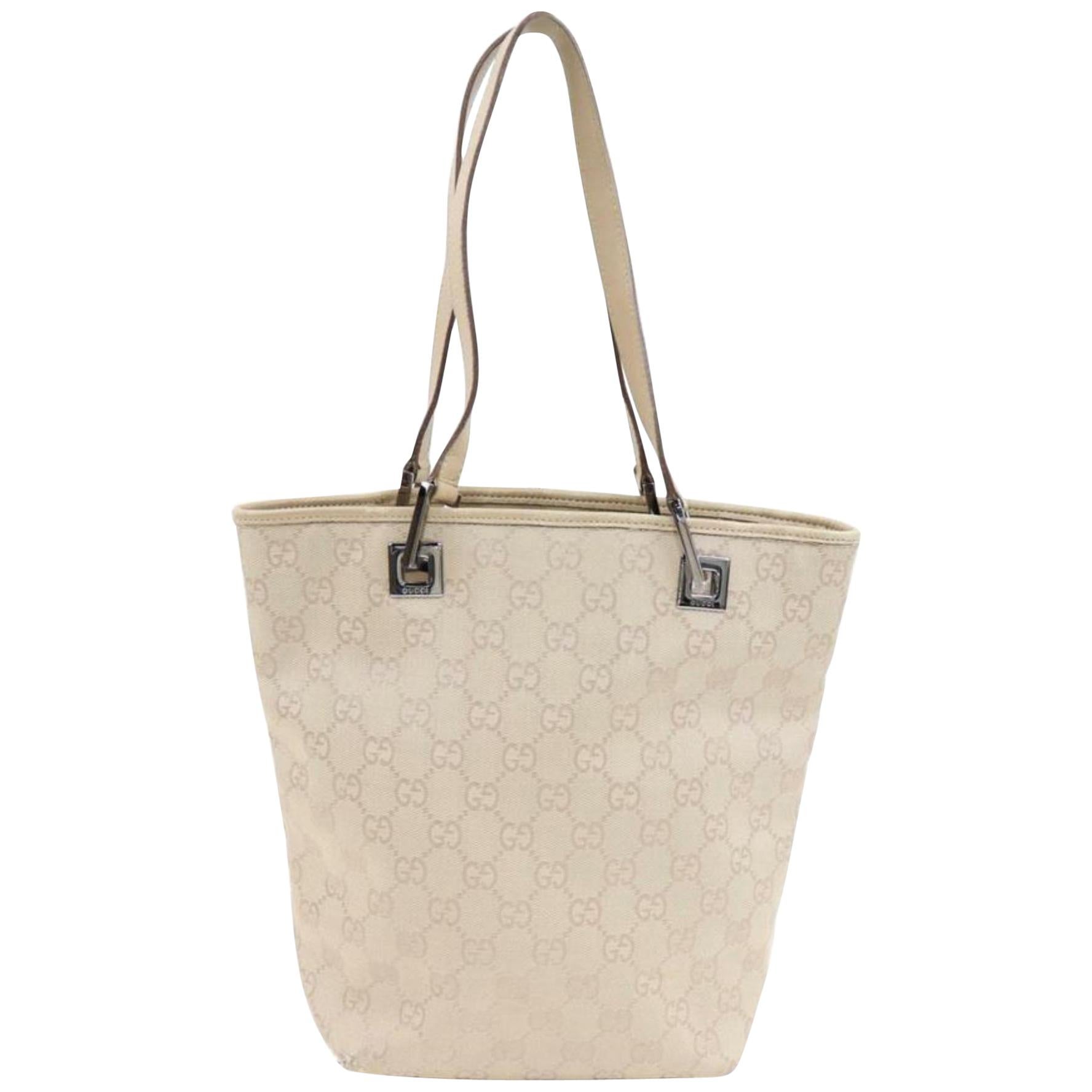 Gucci Ivory Monogram Bucket Shopper 870057 Beige Canvas Tote For Sale