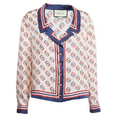 Gucci Ivory/Navy Blue Monogram Printed Silk Twill Top M