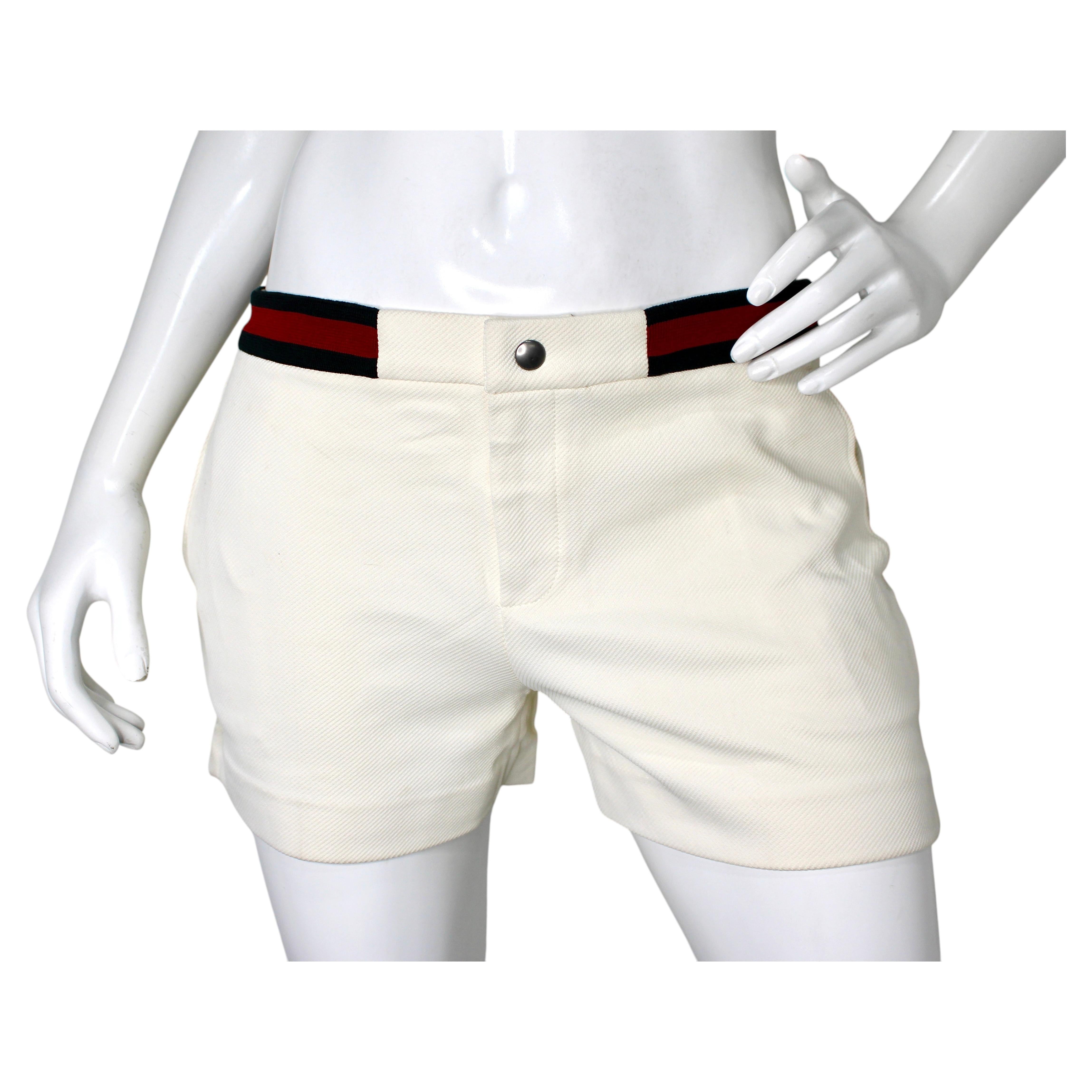 Gucci Ivory Nylon Ribbed Knit Shorts With Striped Waistband
