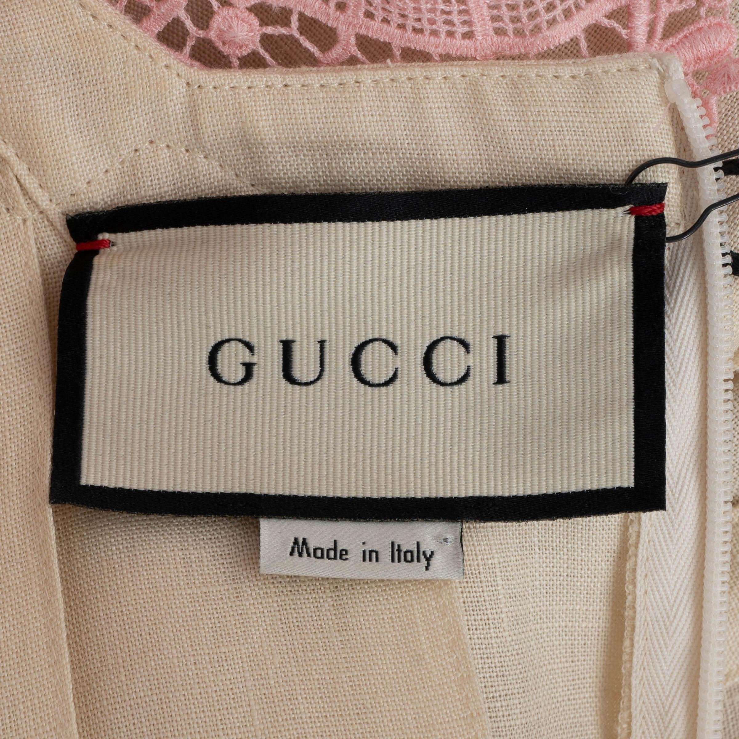 GUCCI ivory & pink linen 2020 LACE TRIM KAFTAN Dress 40 S For Sale 1