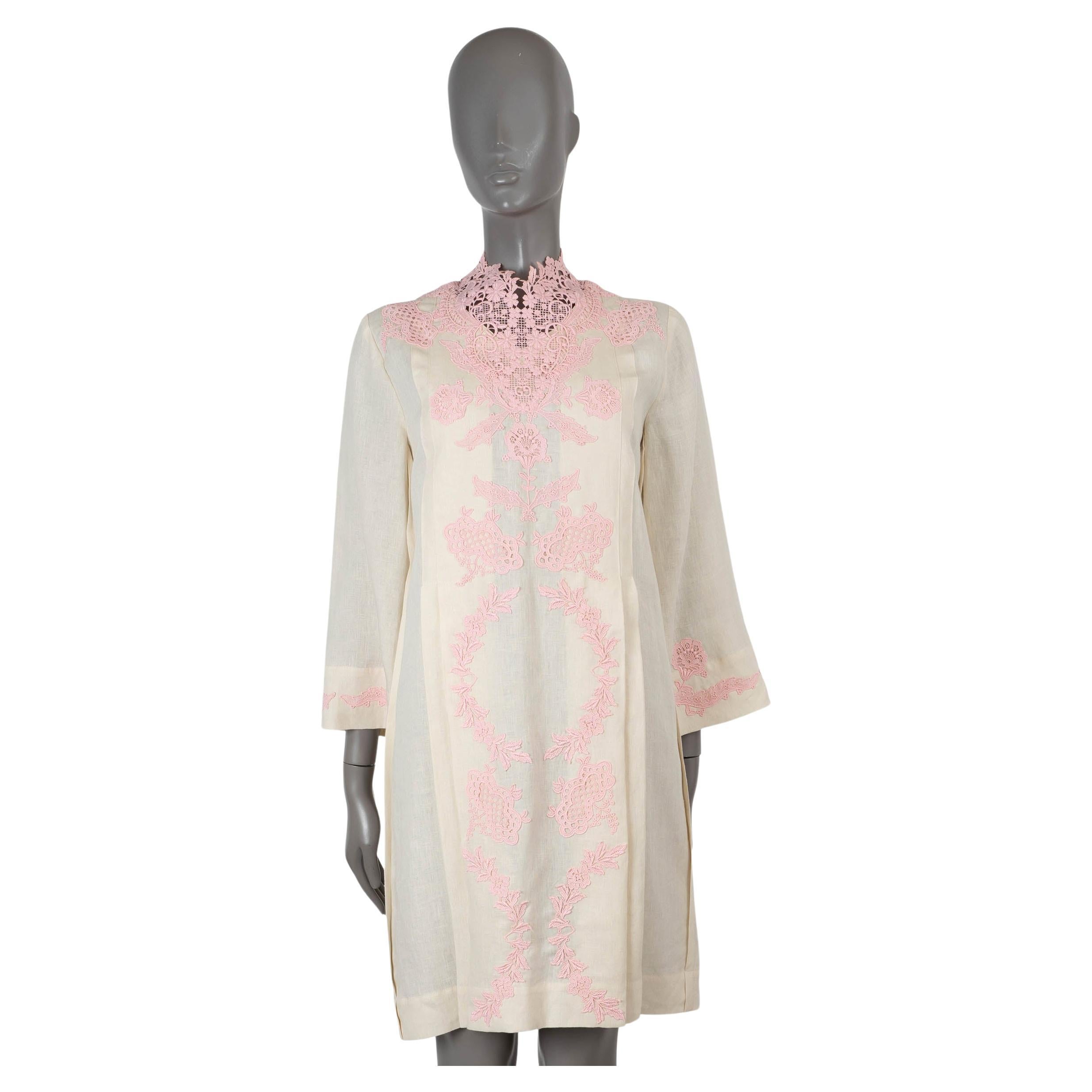 GUCCI ivory & pink linen 2020 LACE TRIM KAFTAN Dress 40 S For Sale