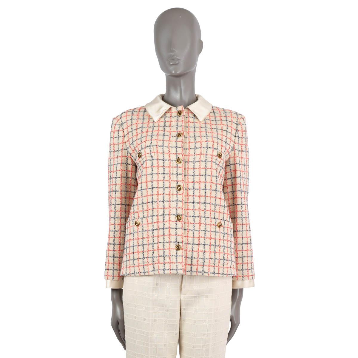 GUCCI Ivory Red Blue Wool VINTAGE OVERCHECK BOUCLE Jacket 42 M For Sale gucci-ivory-red-blue-wool-vintage-overcheck-boucle-jacket-42-m-for-sale