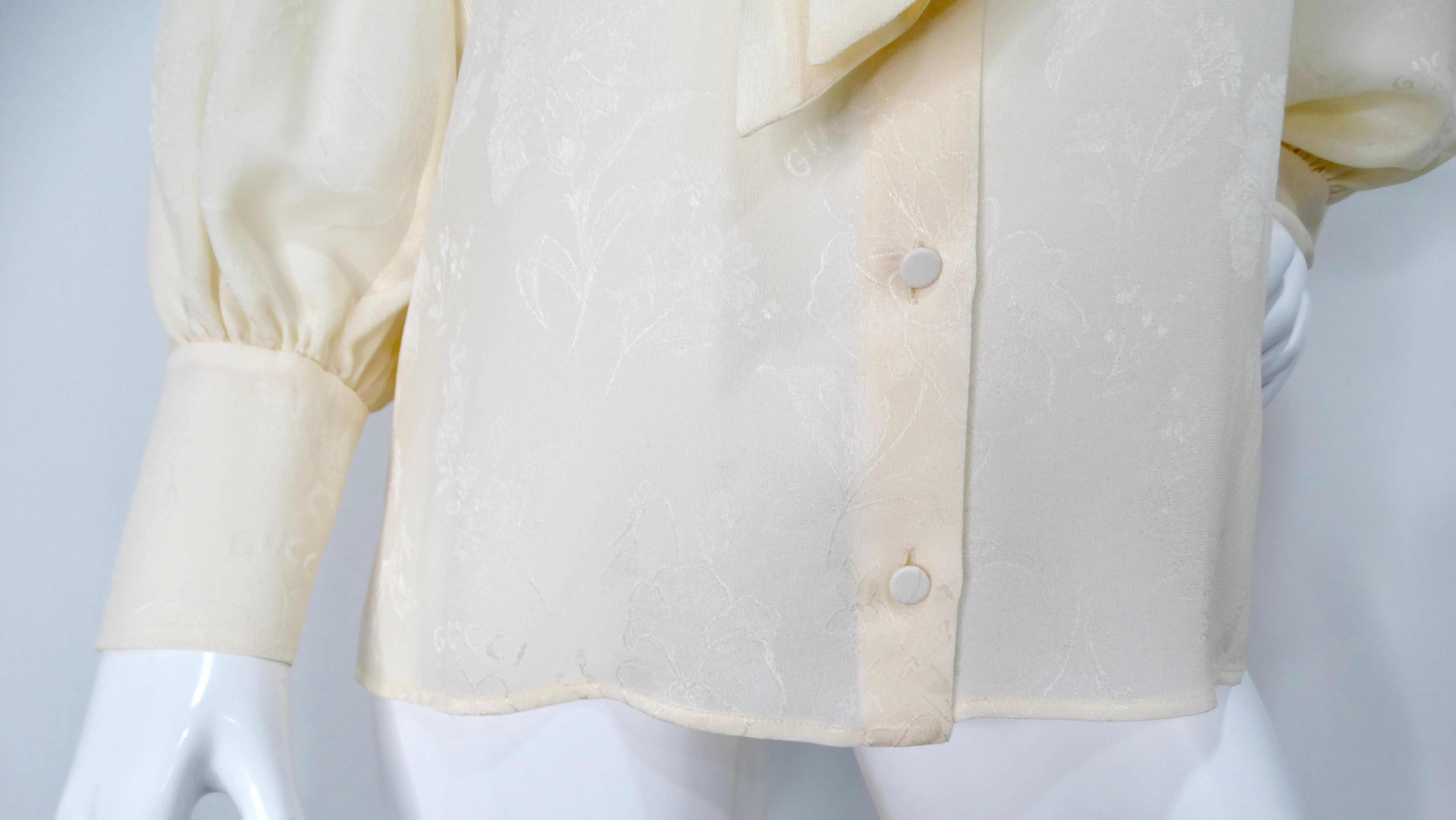 Beige Gucci Ivory Romantic Floral Print Silk Bow Collar Button-Up Blouse For Sale