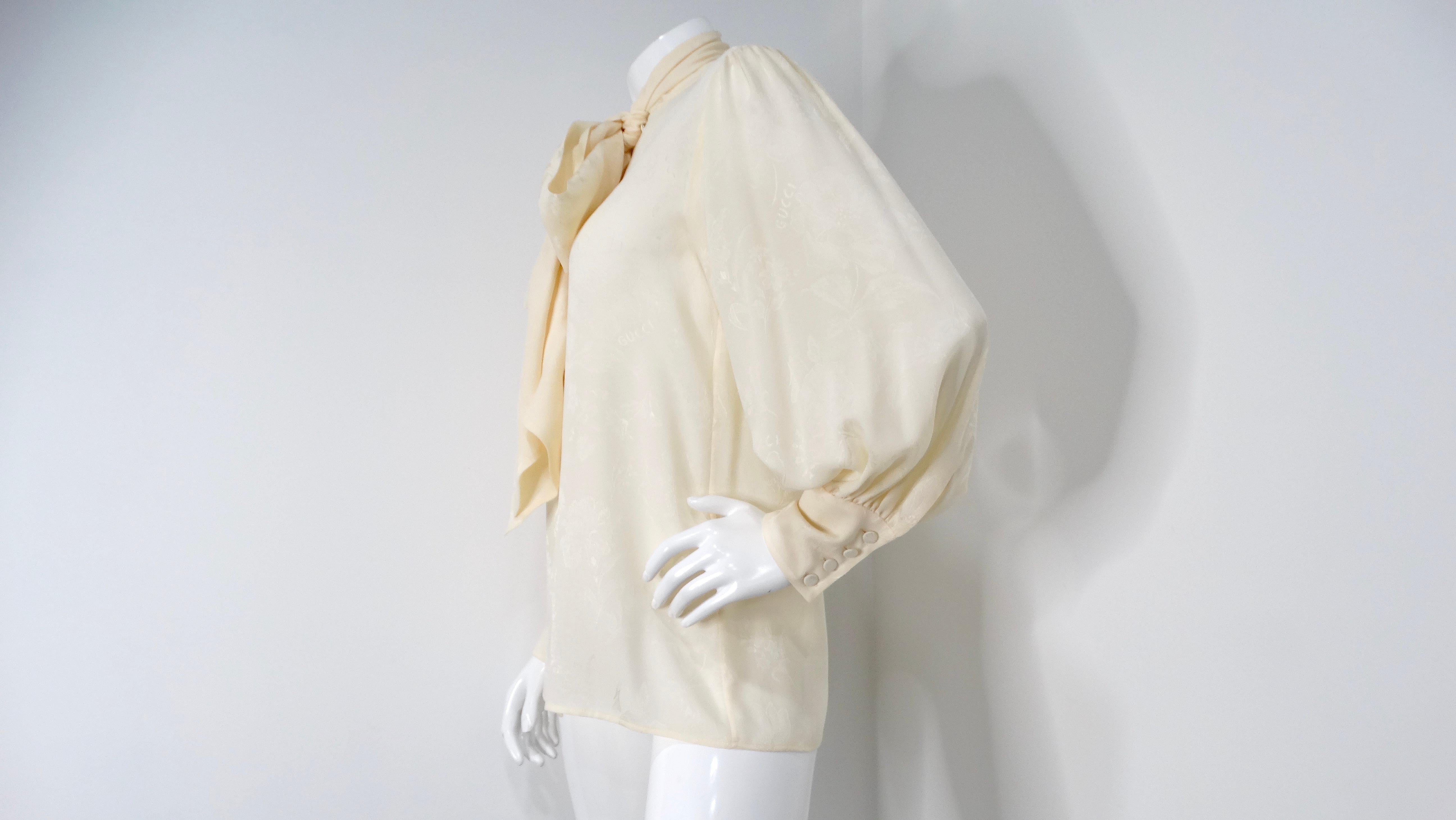 Gucci Ivory Romantic Floral Print Silk Bow Collar Button-Up Blouse In Good Condition For Sale In Scottsdale, AZ
