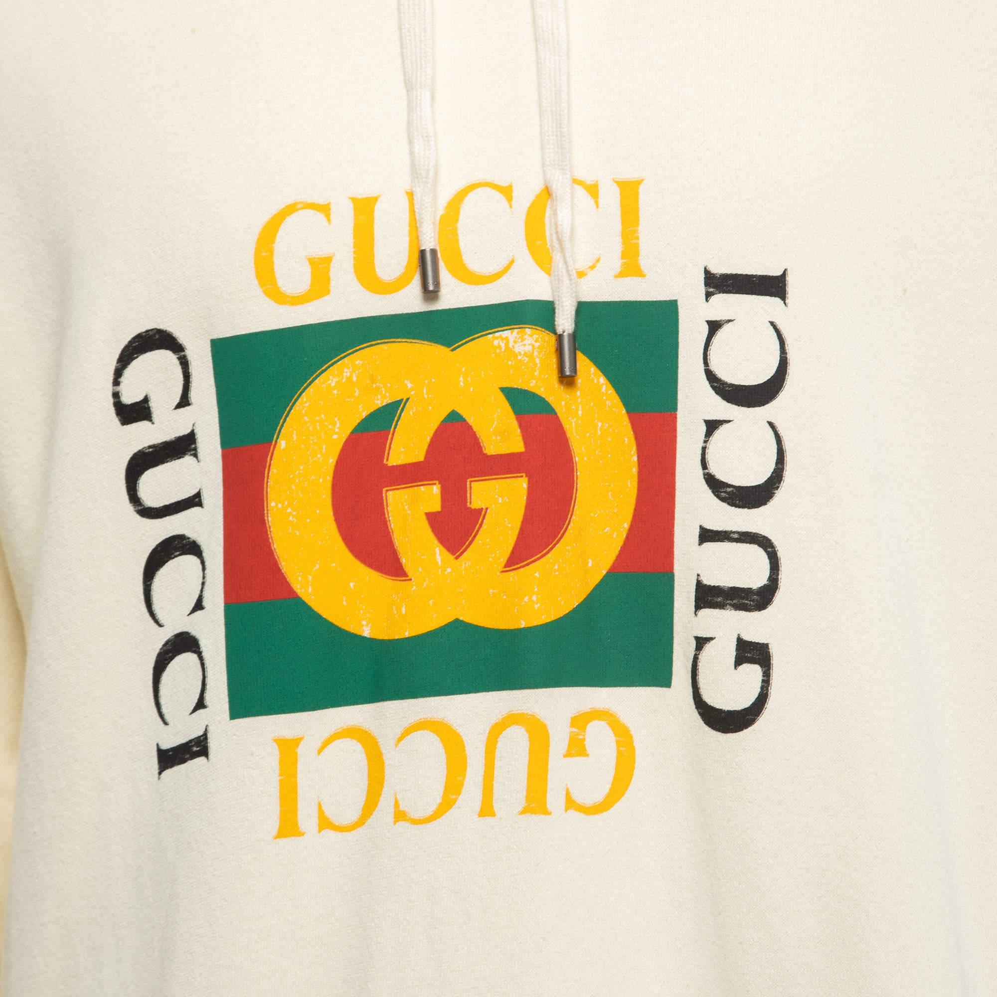 Gucci Ivory Vintage Logo Print Cotton Distressed Oversize Hoodie 3XL In Good Condition In Dubai, Al Qouz 2
