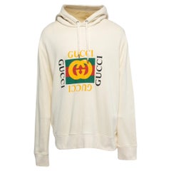 Elfenbein Vintage Logo Print Baumwolle Distressed Oversize Kapuzenpullover von Gucci 3XL