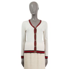 GUCCI ivory wool RED BLACK TRIM & PEARL Cardigan Sweater S